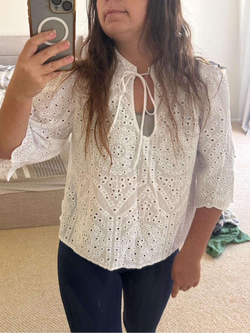 H&M White Eyelet Tie-Front Blouse size Medium